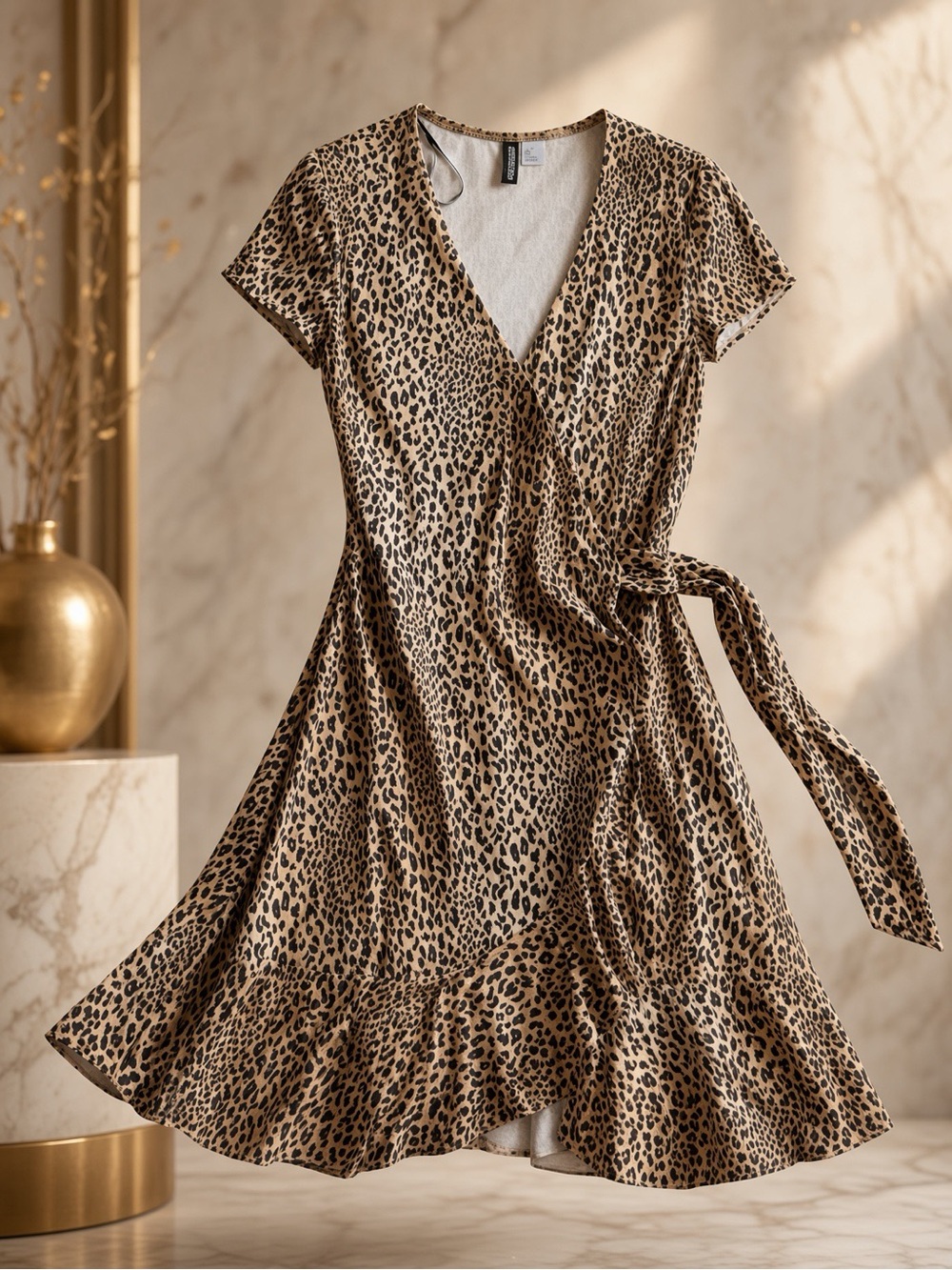 H&M Divided Leopard Print Wrap Mini Dress - Tan/Black